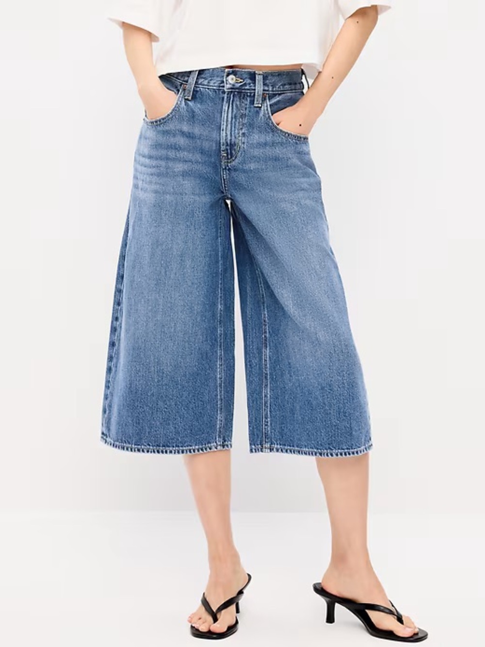 Old Navy Mid-Rise Baggy Wide-Leg Culotte Blue Denim Jeans Size Petite 12 NEW - Picture 2 of 14